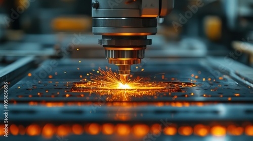 Laser cutting machine in action with bright sparks, industrial manufacturing close-up, precision engineering, advanced metal fabrication, modern technology, workshop setting