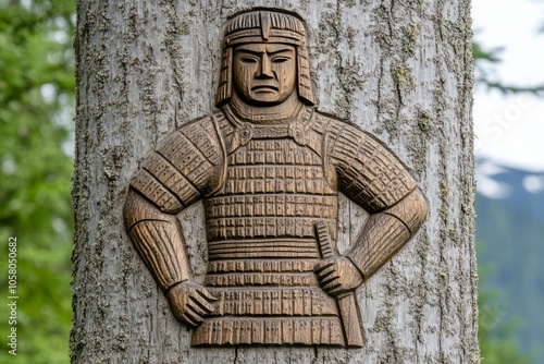 Carved wooden samurai warrior figure on a tree trunk. photo