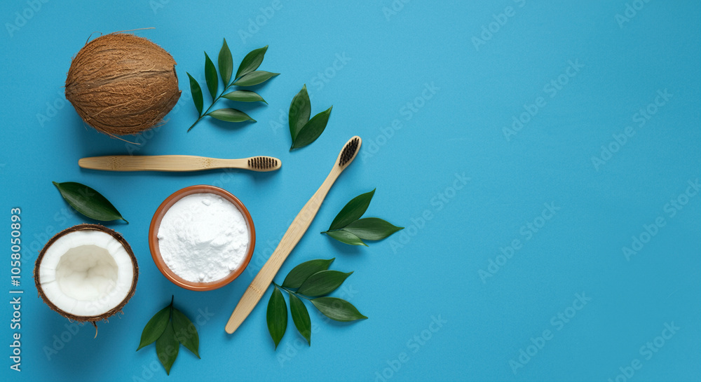 Coconut ingredients with natural elements and wooden tools for sustainable lifestyle Coconut ingredients with natural elements and wooden tools for sustainable lifestyle