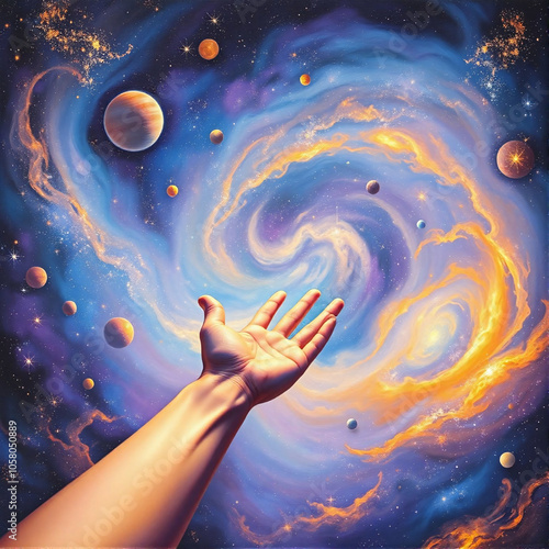 A hand reaching into a vibrant galaxy during a cosmic exploration journey