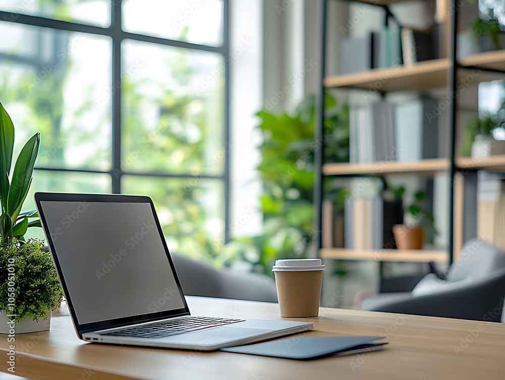 Modern Home Office with Laptop and Greenery Creating a Calm Productive Workspace Environment : Generative AI Modern Home Office with Laptop and Greenery Creating a Calm Productive Workspace Environment : Generative AI