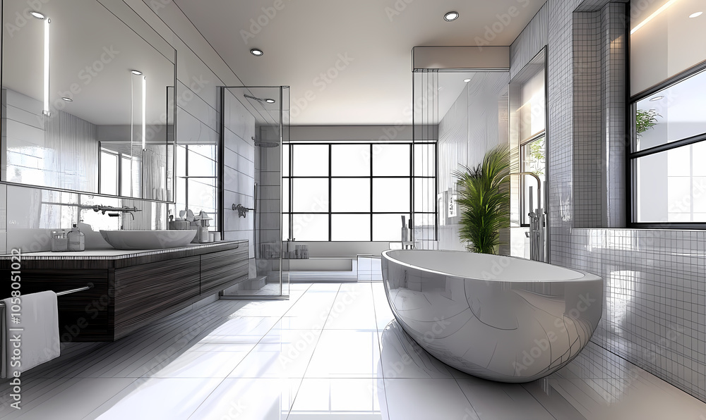Luxurious Modern Bathroom Design: Sleek and sophisticated, this contemporary bathroom design boasts a freestanding bathtub, large windows, and a walk-in shower. Luxurious Modern Bathroom Design: Sleek and sophisticated, this contemporary bathroom design boasts a freestanding bathtub, large windows, and a walk-in shower.