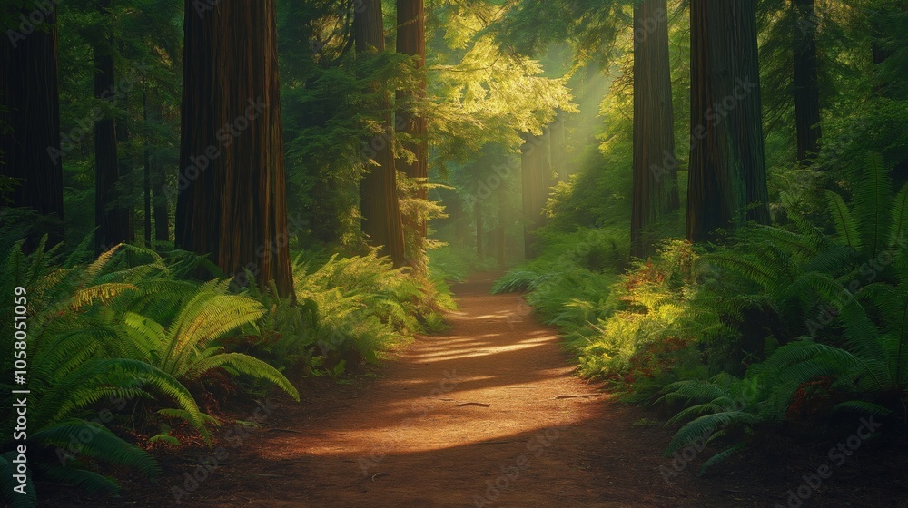 Fototapeta premium A tranquil pathway through a lush green forest with sunlight filtering through the trees.