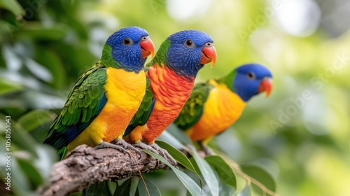 Colorful parrots perched on a branch in lush greenery