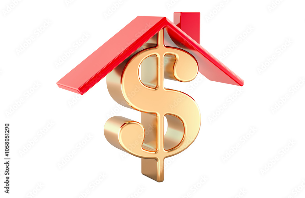 Obraz premium Dollar sign under House Roof, 3D rendering isolated on transparent background