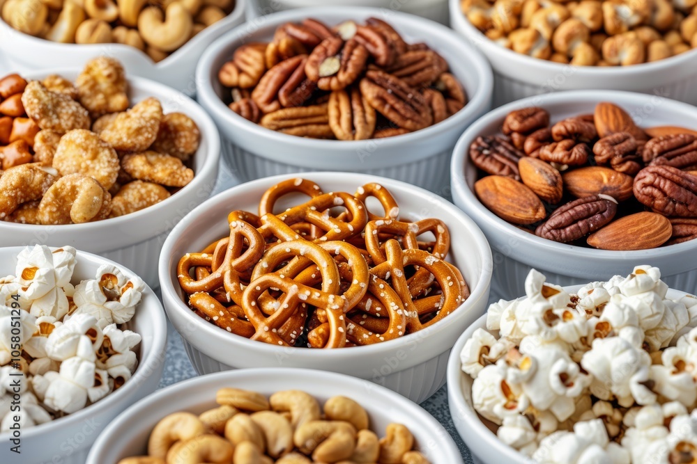 Bowls Of Snacks. Variety of healthy snacks in white bowls. Bowls Of Snacks. Variety of healthy snacks in white bowls.
