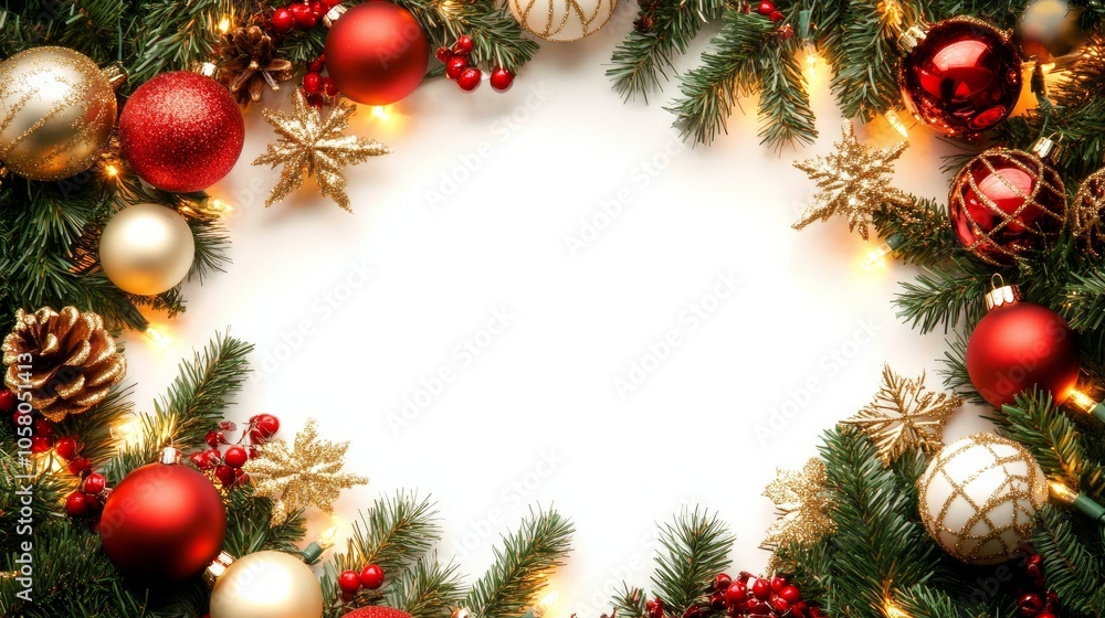 Christmas lights and decorations adorn the frame, which leaves room for your words on a white background. Christmas lights and decorations adorn the frame, which leaves room for your words on a white background.