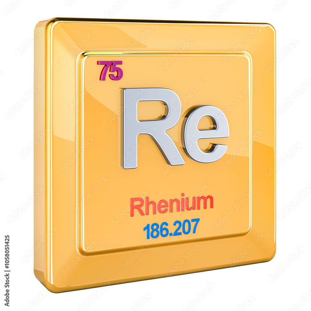 Rhenium Re, chemical element sign with number 75 in periodic table. 3D rendering isolated on transparent background Rhenium Re, chemical element sign with number 75 in periodic table. 3D rendering isolated on transparent background