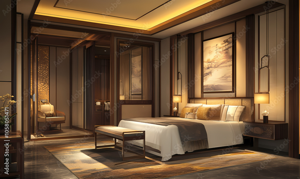 Luxurious Bedroom Retreat: A serene and elegant bedroom with warm lighting, rich wooden accents, and a plush king-size bed. The room features a modern. Luxurious Bedroom Retreat: A serene and elegant bedroom with warm lighting, rich wooden accents, and a plush king-size bed. The room features a modern.