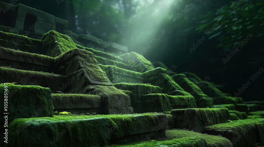Moss-covered ancient stone steps in a dense forest setting illuminated by sunlight filtering through the trees above, creating a mystical and serene atmosphere. Moss-covered ancient stone steps in a dense forest setting illuminated by sunlight filtering through the trees above, creating a mystical and serene atmosphere.