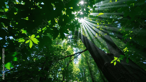 Sunlight filtering through canopy in a lush forest during early morning