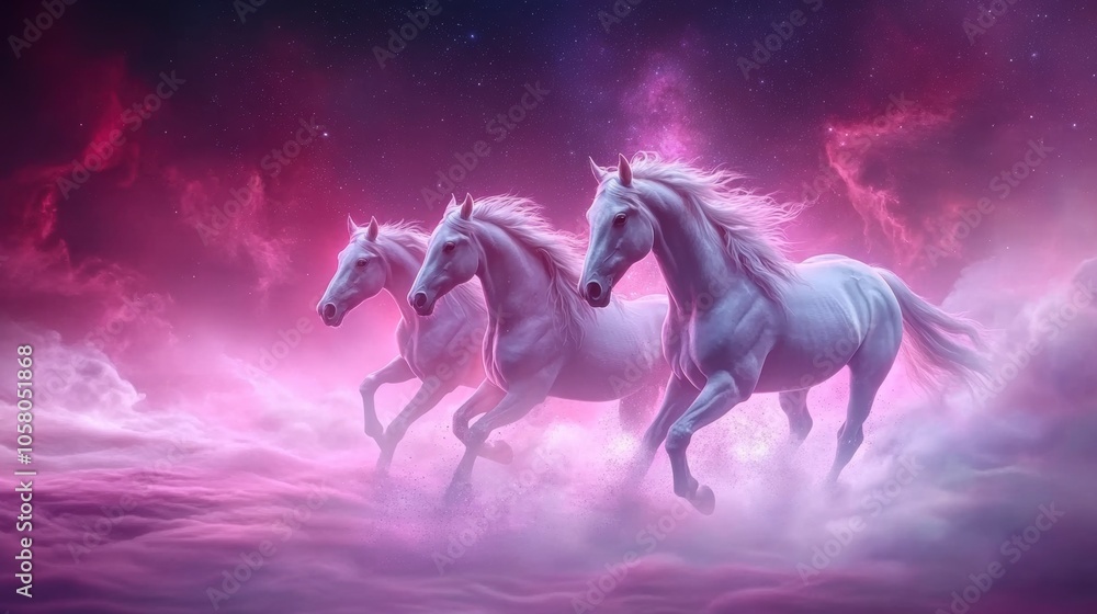 Majestic white horses gallop through a mystical pink and purple cloudscape, AI Majestic white horses gallop through a mystical pink and purple cloudscape, AI