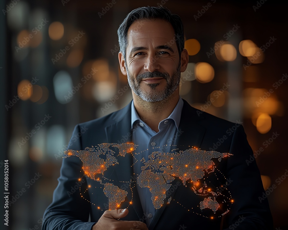 Engaging image of a businessman holding a world map with social network connection icons, designed on a rich dark background to highlight a business technology concept Engaging image of a businessman holding a world map with social network connection icons, designed on a rich dark background to highlight a business technology concept