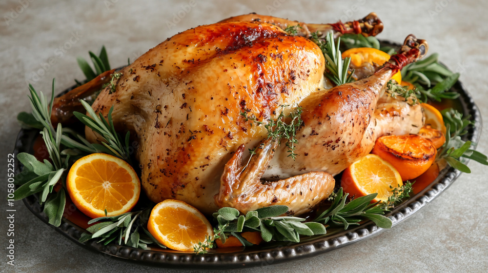 A roasted turkey with orange slices and herbs on a platter A roasted turkey with orange slices and herbs on a platter