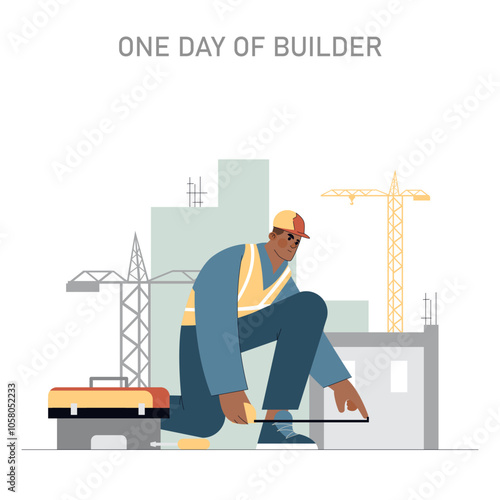 one day of builder. Flat Vector Illustration
