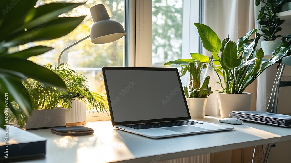 Modern Home Office with Laptop Surrounded by Indoor Plants and Natural Light : Generative AI Modern Home Office with Laptop Surrounded by Indoor Plants and Natural Light : Generative AI