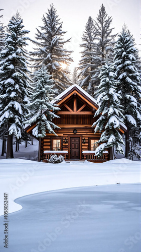 Cozy log cabin surrounded by snow-covered trees in a tranquil winter landscape