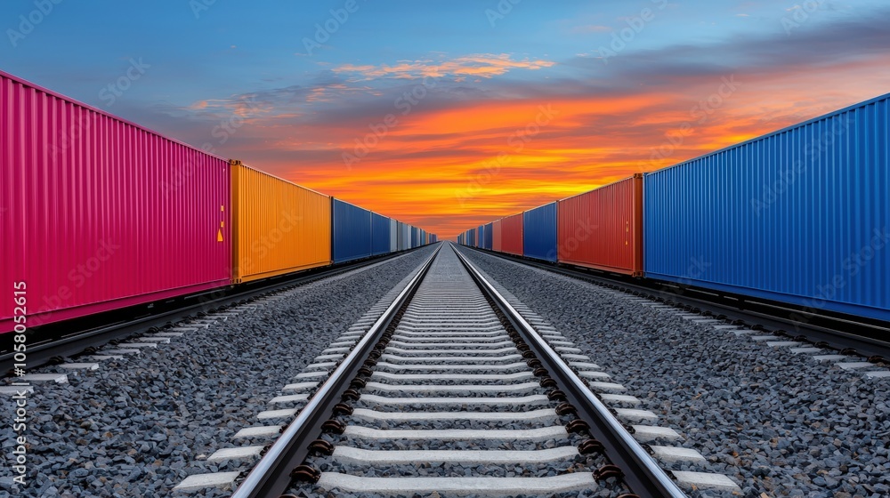 Vibrant shipping containers on railway at sunset: a captivating industrial scene Vibrant shipping containers on railway at sunset: a captivating industrial scene