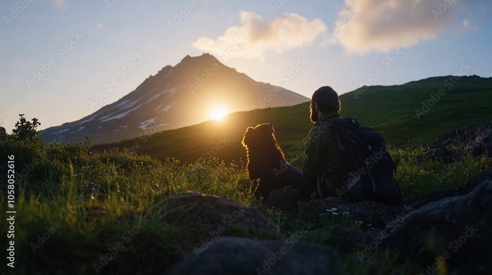 Silhouette of a hiker and dog watching the sunset over a mountain. Silhouette of a hiker and dog watching the sunset over a mountain.