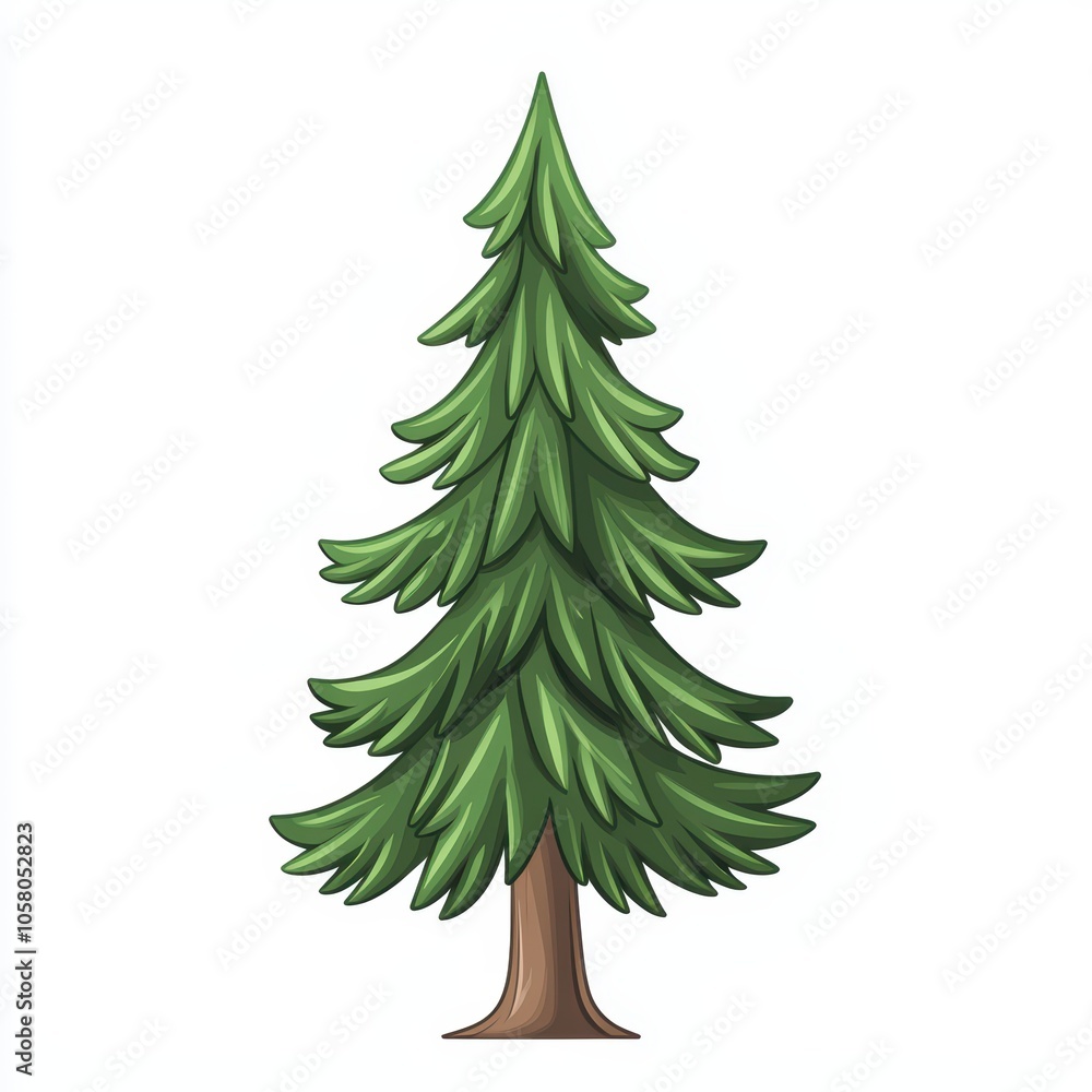 Obraz premium A vibrant green pine tree illustration with detailed foliage on a white isolated background.