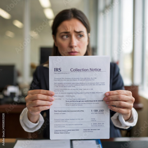 Worried woman holding IRS collection notice. Professional business photography in an office setting. 