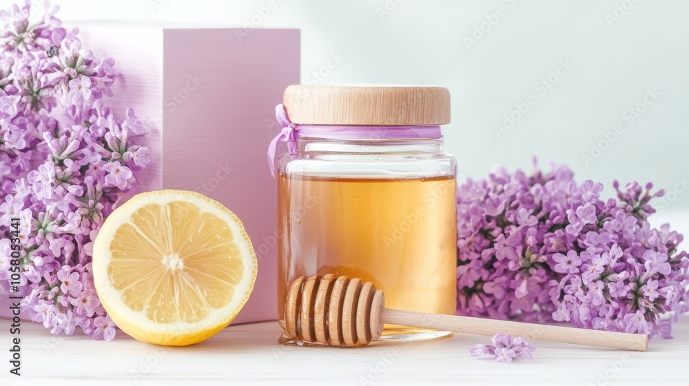 Refreshing honey and lemon arrangement with lilac flowers for aromatic delight Refreshing honey and lemon arrangement with lilac flowers for aromatic delight