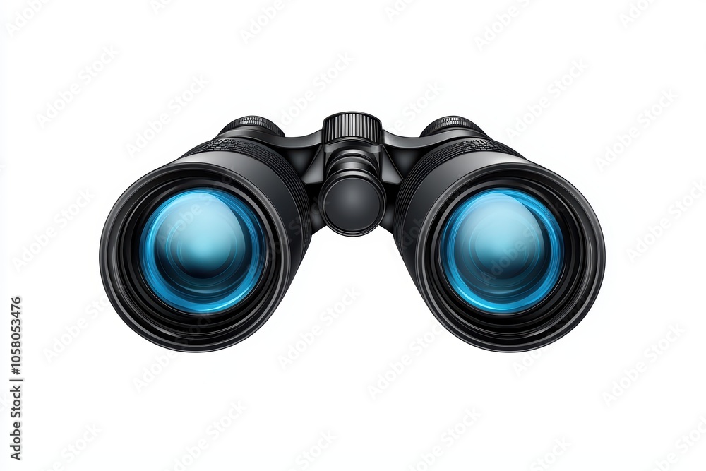 Black binoculars with blue lenses on a white isolated background. Black binoculars with blue lenses on a white isolated background.