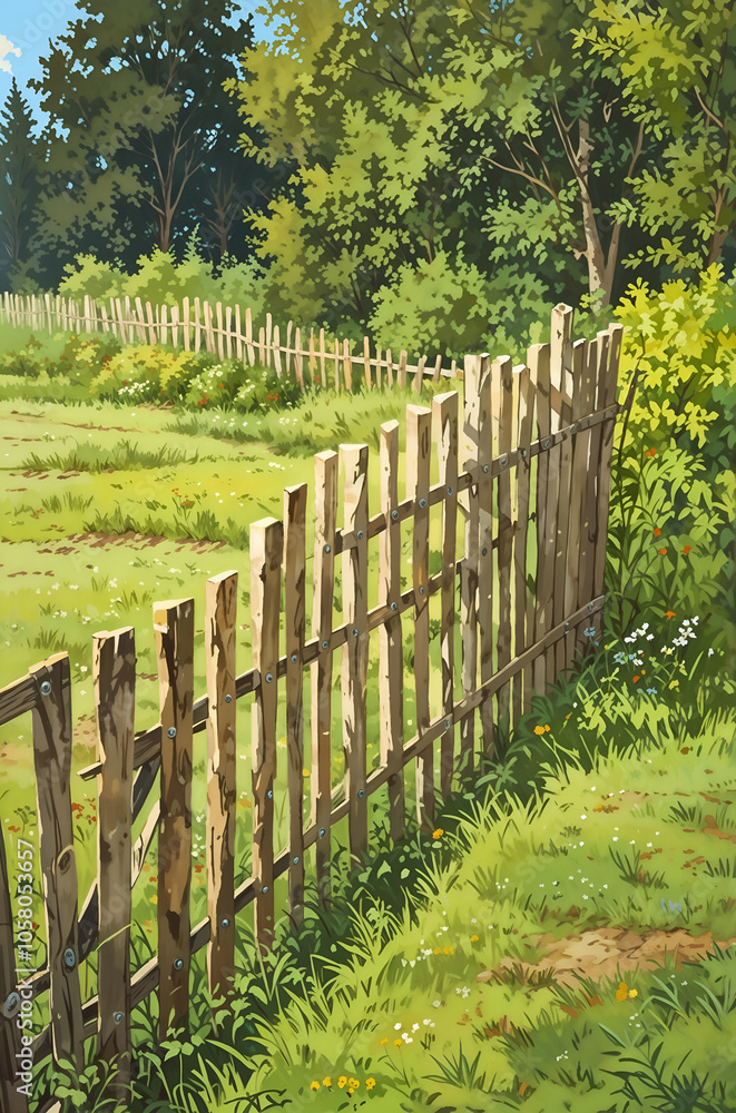 Rustic wooden fence in a sunny field surrounded by trees, evoking a peaceful countryside scene. Rustic wooden fence in a sunny field surrounded by trees, evoking a peaceful countryside scene.