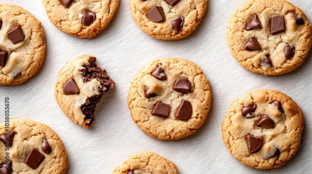 Arrangement of chocolate chip cookies with one partially eaten on parchment paper Arrangement of chocolate chip cookies with one partially eaten on parchment paper