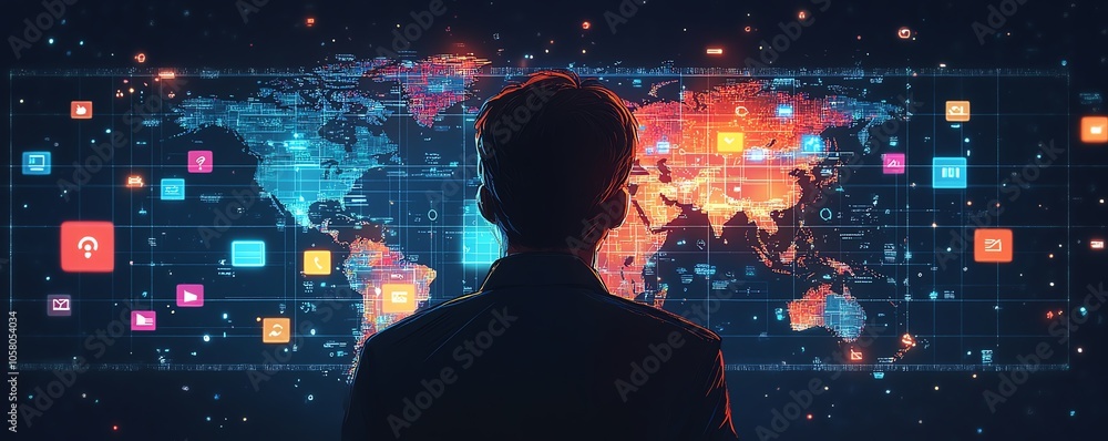 Fototapeta premium Professional illustration of a businessman displaying a map of global connections and social media icons, designed against a sleek dark background for a modern tech aesthetic