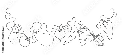 Vegetables drawn with one continuous line in minimalism, healthy eating concept, veganism, flat design. Editable vector outline.