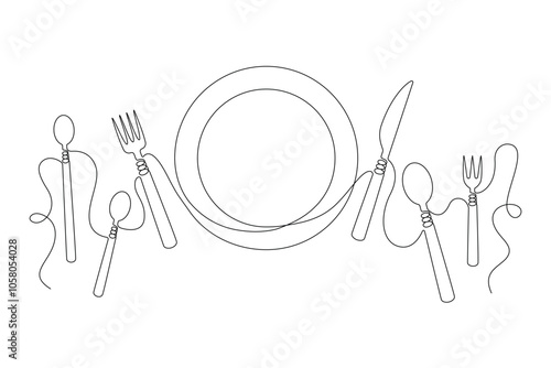 Cutlery and plate drawn with one continuous line in minimalism, flat design. Editable vector outline.
