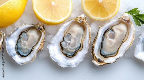 Fresh oysters on ice with lemon slices for a gourmet seafood presentation