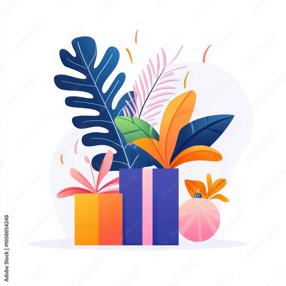 Colorful gifts with tropical leaves set on a white background, perfect for celebrations and occasions. Colorful gifts with tropical leaves set on a white background, perfect for celebrations and occasions.