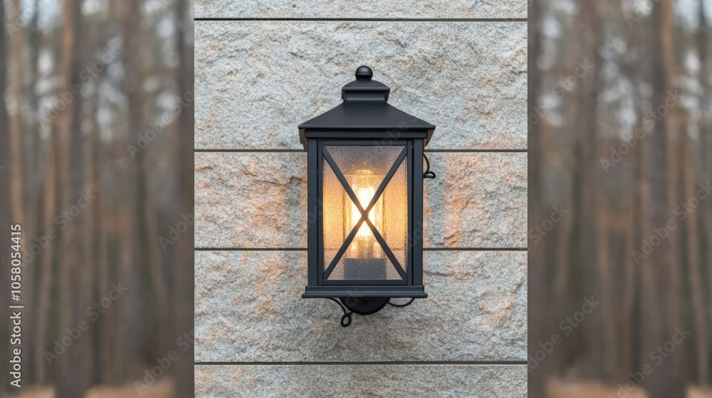 Elegant black lantern illuminating a rustic stone wall in outdoor setting Elegant black lantern illuminating a rustic stone wall in outdoor setting