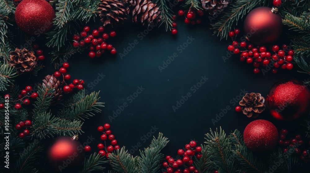 A flatlay image of a dark blue background with red ornaments, evergreen pine branches, and pinecones. Red berries are scattered around the edge of the image. A flatlay image of a dark blue background with red ornaments, evergreen pine branches, and pinecones. Red berries are scattered around the edge of the image.