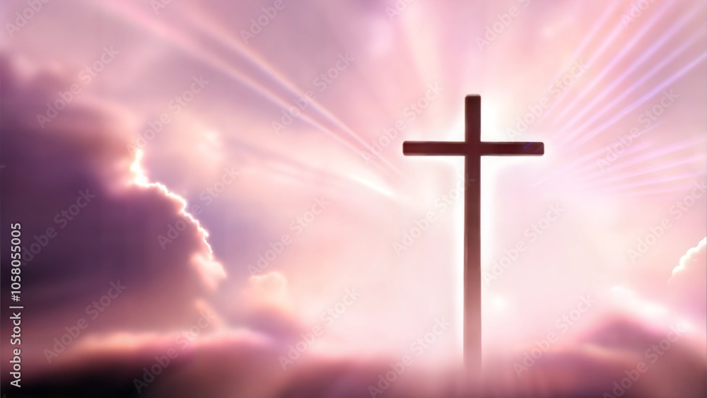 Radiant cross against a dramatic sky with clouds and beams of light in soft pink and purple hues for spirituality. Radiant cross against a dramatic sky with clouds and beams of light in soft pink and purple hues for spirituality.
