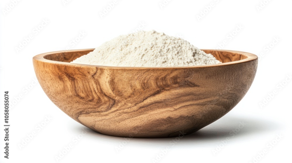 Heap of white flour in a round wooden bowl, creating a simple and rustic kitchen feel, isolated on white background Heap of white flour in a round wooden bowl, creating a simple and rustic kitchen feel, isolated on white background