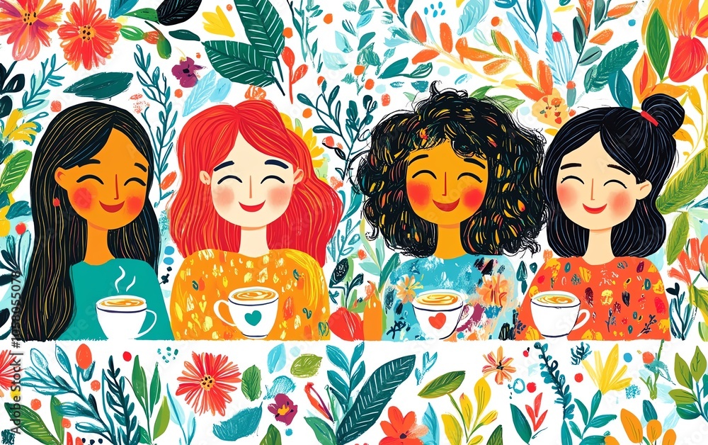 Whimsical artwork featuring friends enjoying coffee and laughter, designed with vibrant colors and cartoonish patterns on a white backdrop Whimsical artwork featuring friends enjoying coffee and laughter, designed with vibrant colors and cartoonish patterns on a white backdrop