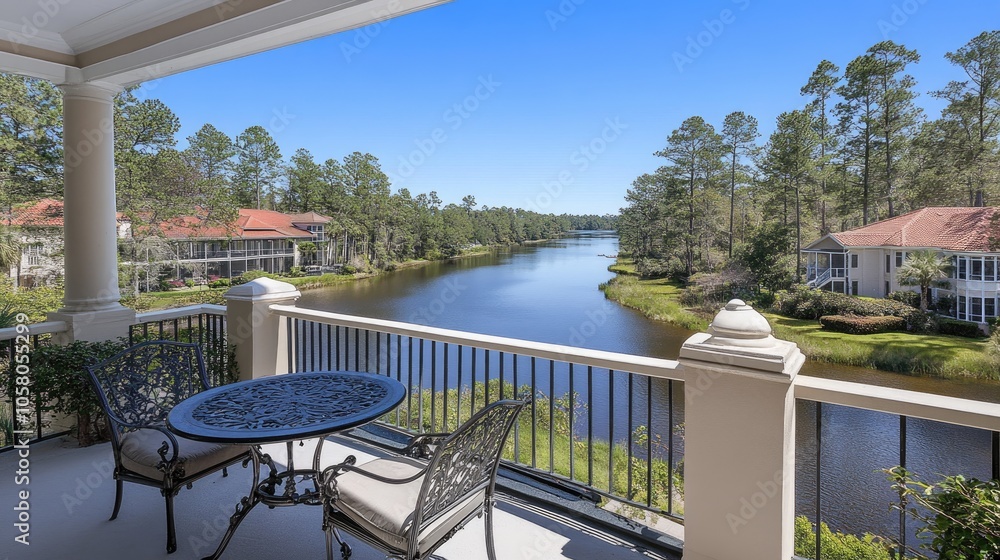 Fototapeta premium Enjoy the serene view of a sparkling blue river framed by lush trees and homes on a sunny day in Florida