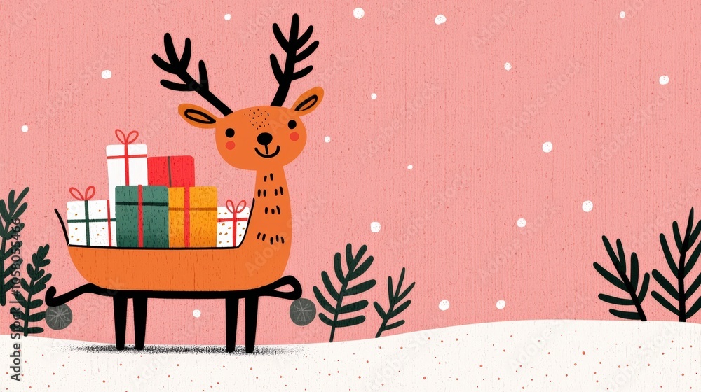 Cute reindeer with gifts in festive snowy scene Cute reindeer with gifts in festive snowy scene
