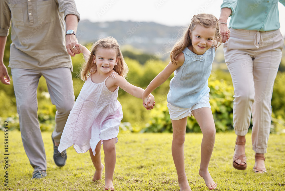 Parents, holding hands and portrait of girl children with smile, outdoor fun and weekend morning bonding together. Mom, dad and kids running in garden for happy family, relax and love in nature. Parents, holding hands and portrait of girl children with smile, outdoor fun and weekend morning bonding together. Mom, dad and kids running in garden for happy family, relax and love in nature.