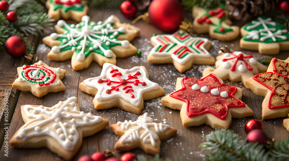 Freshly baked Christmas cookies with festive icing on rustic holiday table for warm cozy atmosphere Freshly baked Christmas cookies with festive icing on rustic holiday table for warm cozy atmosphere