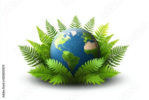 Earth surrounded by vibrant green ferns on a white isolated background.