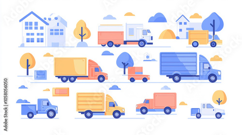 Modern delivery trucks and vehicles in a minimalist suburban setting