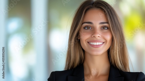 Confident businesswoman smiling in modern office setting