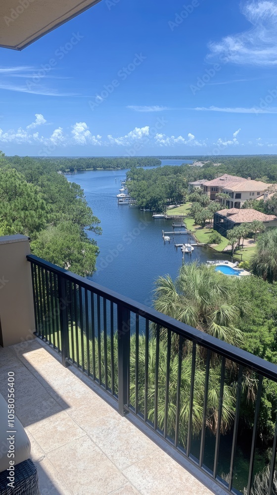 Enjoy the serene view of a sparkling blue river framed by lush trees and homes on a sunny day in Florida Enjoy the serene view of a sparkling blue river framed by lush trees and homes on a sunny day in Florida