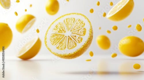 Juicy lemon halves and slices flying mid-air, abstract silhouettes, minimalist white backdrop, fresh fruit theme