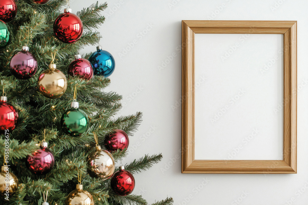 Wooden mock up poster frame on the wall near the Christmas tree with colorful ornaments Wooden mock up poster frame on the wall near the Christmas tree with colorful ornaments