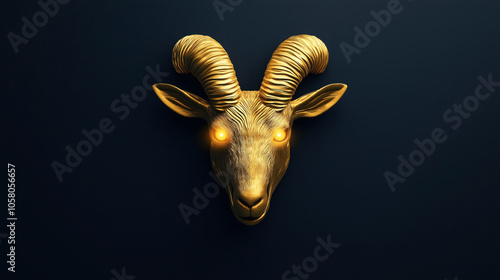 Golden goat head sculpture with glowing eyes on a dark background symbolizing luxury or mysticism.